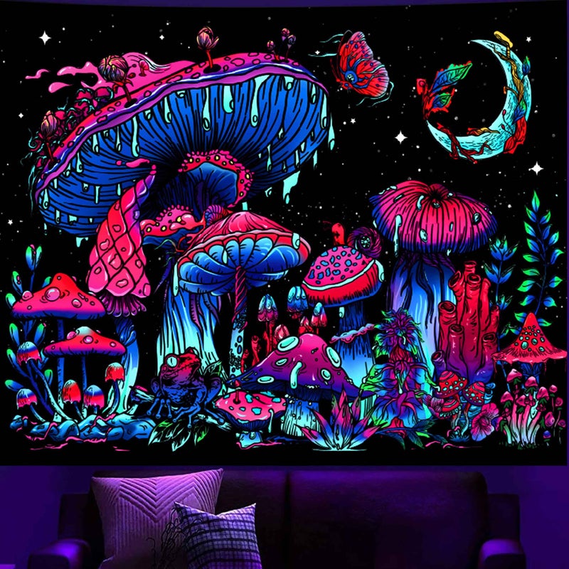 TUGCAY Blacklight Mushroom Tapestry, Glow In The Dark Tapestry Black Light Plant Fantasy UV Reactive Mushroom Butterfly Moon Tapestries Posters Wall Hanging for Bedroom Dorm Decor(50"x60") - Image 2