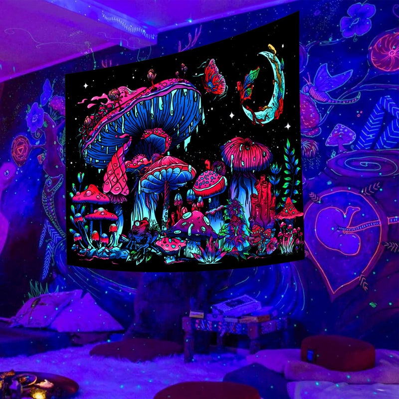 TUGCAY Blacklight Mushroom Tapestry, Glow In The Dark Tapestry Black Light Plant Fantasy UV Reactive Mushroom Butterfly Moon Tapestries Posters Wall Hanging for Bedroom Dorm Decor(50"x60") - Image 3