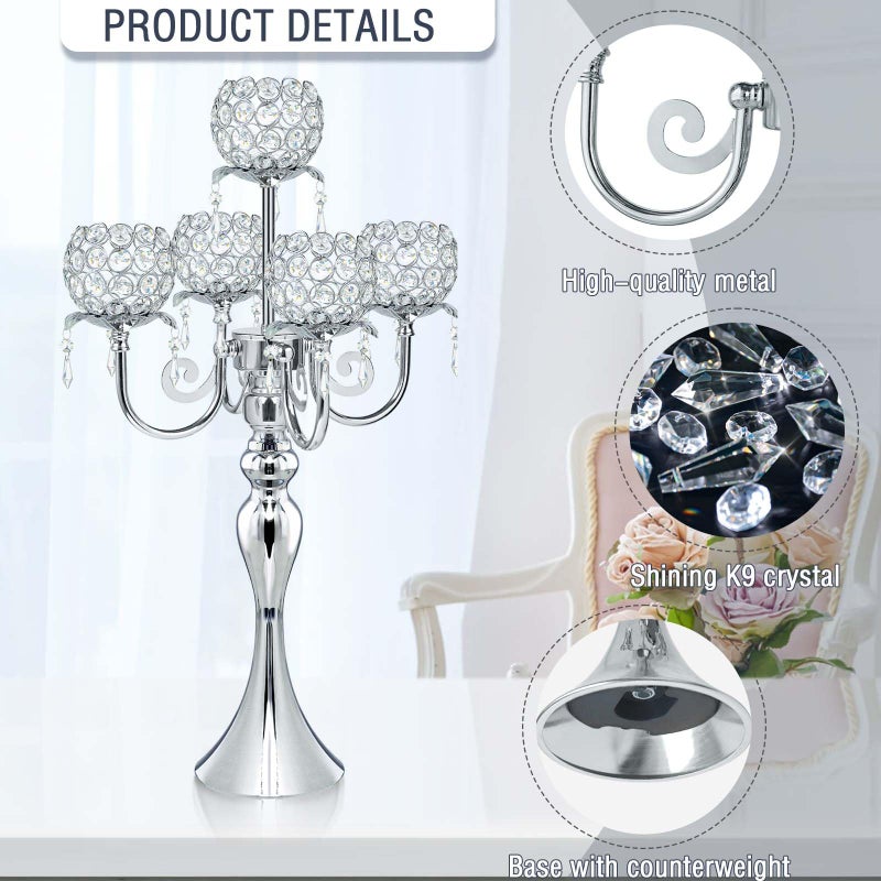 kolnlala 2Pcs Elegant 5-Arm Tea Light Crystal Candle Holder with Pendant Chain & Round Crystal Bowl - 22.5 Inch Tall Silver Wedding Table Centerpiece for Holiday Events, Parties & Home Decor - Image 3