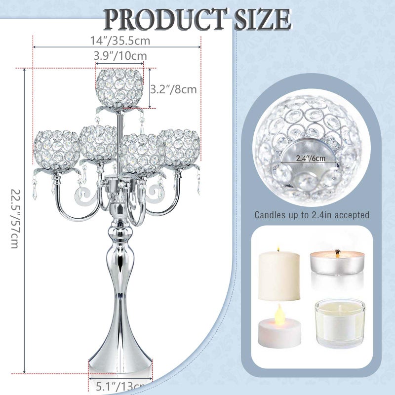 kolnlala 2Pcs Elegant 5-Arm Tea Light Crystal Candle Holder with Pendant Chain & Round Crystal Bowl - 22.5 Inch Tall Silver Wedding Table Centerpiece for Holiday Events, Parties & Home Decor - Image 2