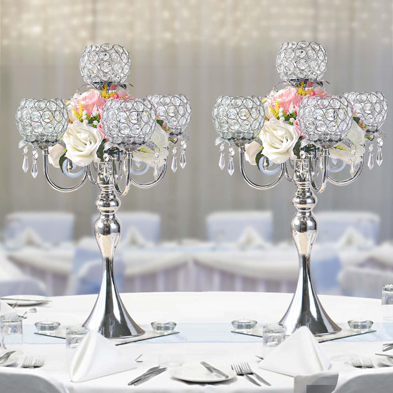 kolnlala 2Pcs Elegant 5-Arm Tea Light Crystal Candle Holder with Pendant Chain & Round Crystal Bowl - 22.5 Inch Tall Silver Wedding Table Centerpiece for Holiday Events, Parties & Home Decor - Image 1