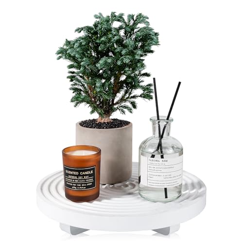 zoocatia Round Decorative Tray Framhouse Bathroom Decor Wood Riser Kitchen Countertop Organizer for Perfume, Candle, Plant, 9 inch White - Image 1