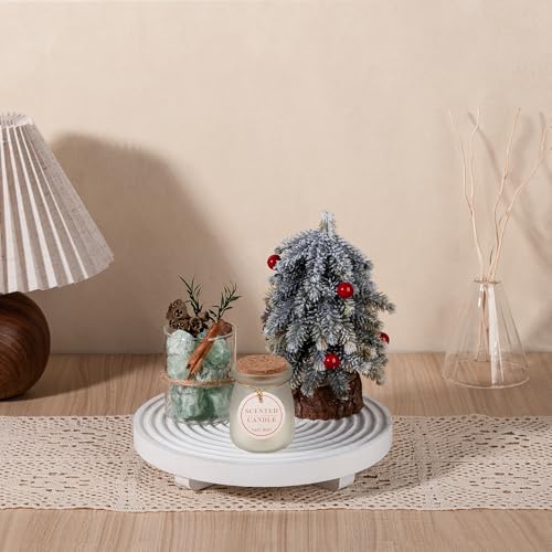 zoocatia Round Decorative Tray Framhouse Bathroom Decor Wood Riser Kitchen Countertop Organizer for Perfume, Candle, Plant, 9 inch White - Image 2