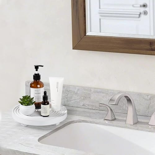 zoocatia Round Decorative Tray Framhouse Bathroom Decor Wood Riser Kitchen Countertop Organizer for Perfume, Candle, Plant, 9 inch White - Image 4