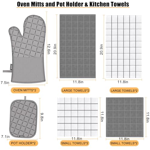 BSKSSK Oven Mitts Kitchen Towels and Dishcloths Pot Holders Sets, Oven Gloves Kitchen Dish Towels 500 Degree Heat Resistant Potholders with Non-Slip Silicone Surface for Cooking, Grilling, Baking-Gray - Image 2