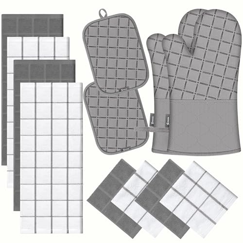 BSKSSK Oven Mitts Kitchen Towels and Dishcloths Pot Holders Sets, Oven Gloves Kitchen Dish Towels 500 Degree Heat Resistant Potholders with Non-Slip Silicone Surface for Cooking, Grilling, Baking-Gray - Image 1