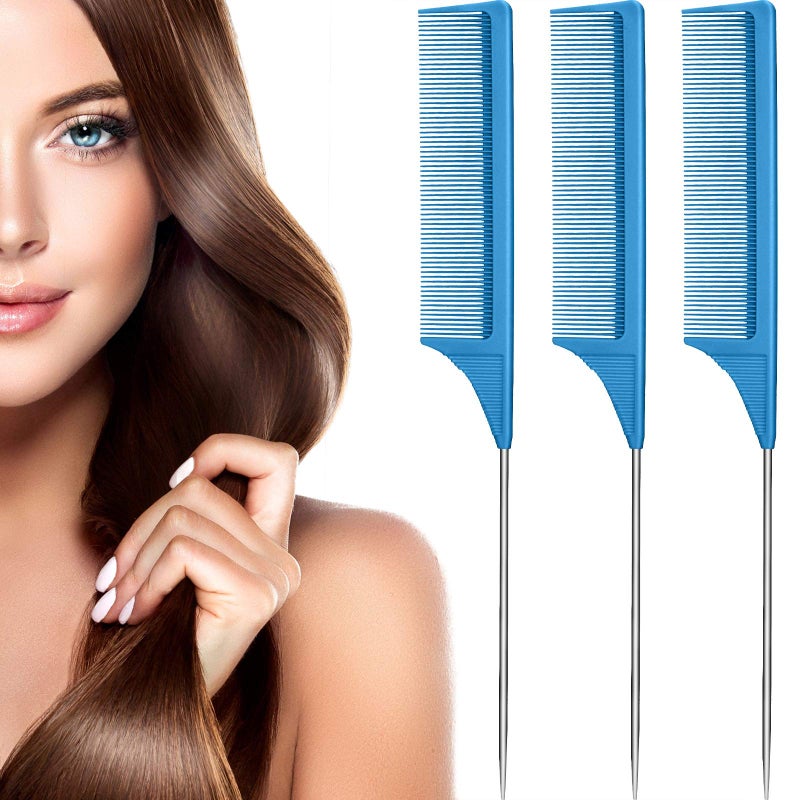 3 Packs Rat Tail Comb Steel Pin Rat Tail Carbon Fiber Heat Resistant Teasing Combs with Stainless Steel Pintail Blue