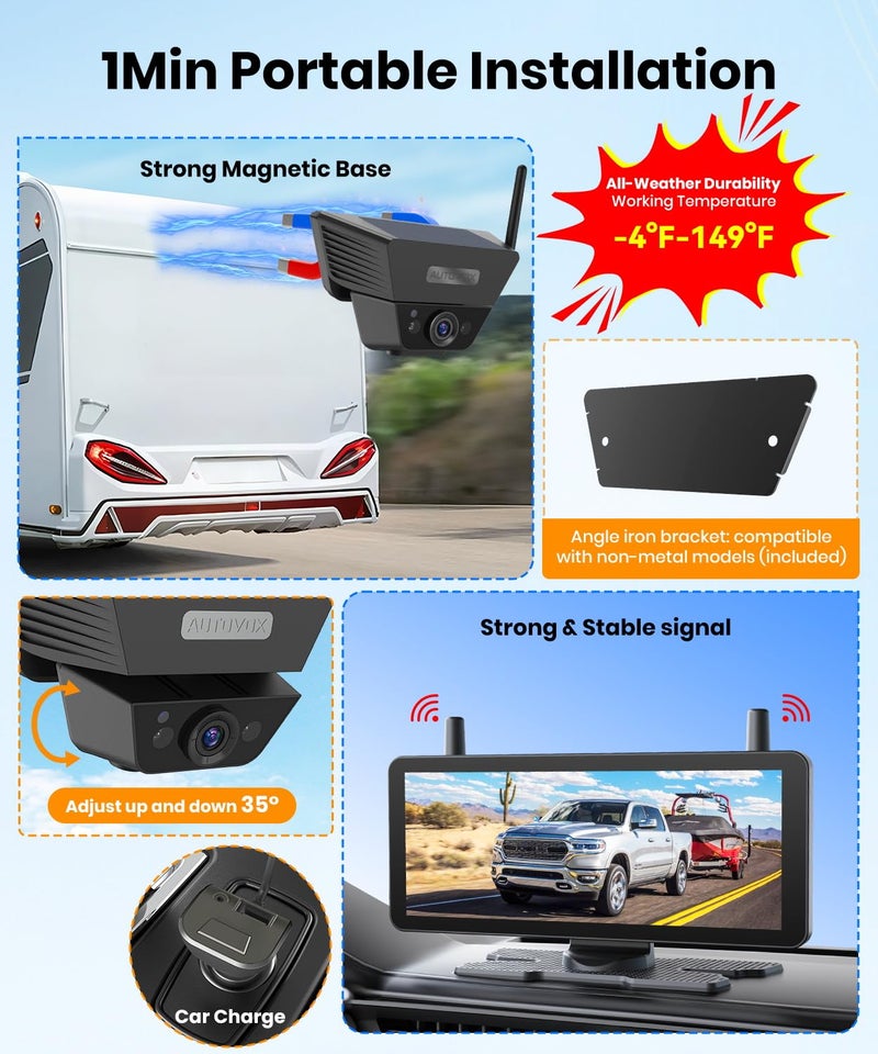 AUTO-VOX AUTO VOX Wireless Backup Camera Solar Magnetic: with 7.2" DVR 1080P 2 Split Recording Monitor, Dual Antenna Stable Signal,IP69K & 1-Min Install,HD IR Night Vision for Truck, Trailer, RV, Camper - Image 2