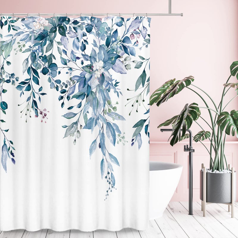 Tititex Blue Eucalyptus أوراق الستائر دش مجموعات أوراق الألوان المائية في النبات العلوي مع زخرفة الحمام الأزهار 60 × 72 بوصة مع السنانير - Image 3