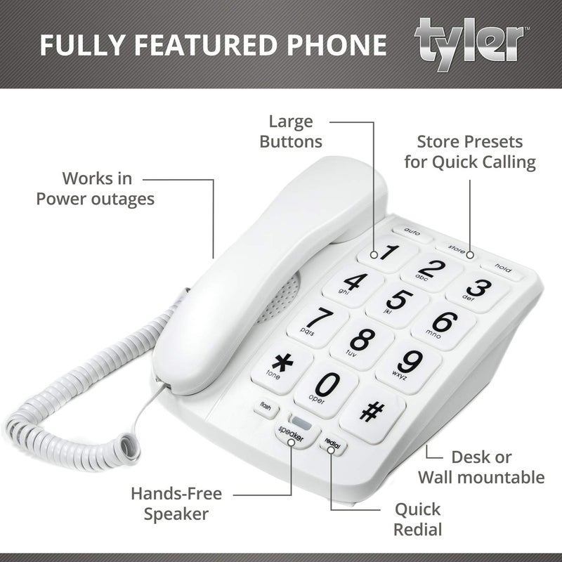tyler TBBP-4-WH Telephone for Seniors - Large Button Landline Phone for Elderly with Loud Speaker, Speed Dial, Ringer Volume Control, Wall Mount - Easy to See & Press Numbers - Works in Power Outage - Image 3