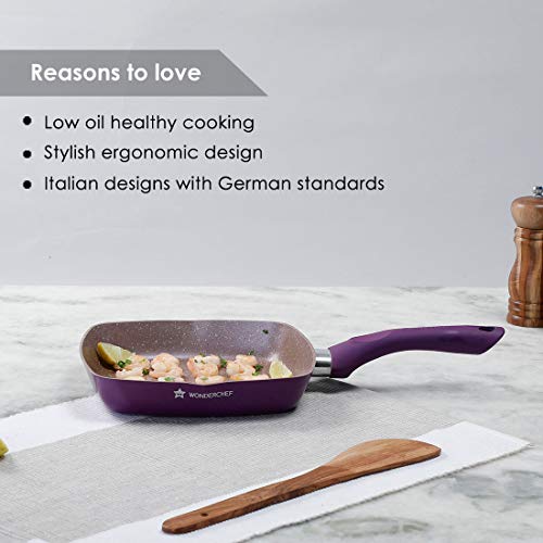 Wonderchef Royal Velvet Non-Stick Grill Pan 24cm for Kitchen, Non-Toxic Chemical & PFOA Free, Low-Oil Cooking, Scratch-Resistant, Gas Stove & Induction Friendly, Soft Handle, 2-Yr Warranty, Purple - Image 4