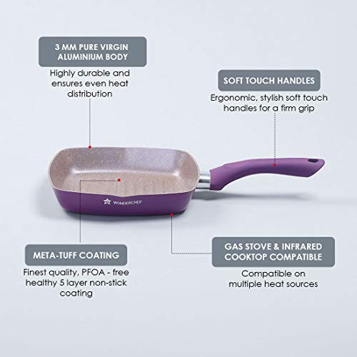 Wonderchef Royal Velvet Non-Stick Grill Pan 24cm for Kitchen, Non-Toxic Chemical & PFOA Free, Low-Oil Cooking, Scratch-Resistant, Gas Stove & Induction Friendly, Soft Handle, 2-Yr Warranty, Purple - Image 2