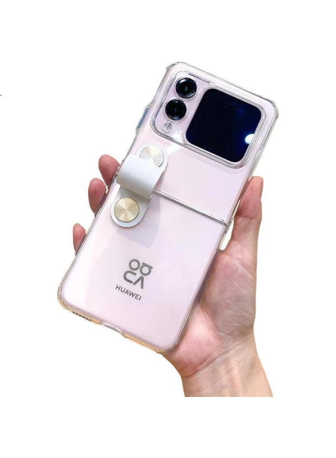 Purecolor Phone Case For Huawei Nova Flip, Foldable Screen Protective Cover, Full Protection, Ultra-Thin, Shockproof, Stand Style, Hand Strap, Simple Transparent Soft Case - White Hand Strap - Image 3