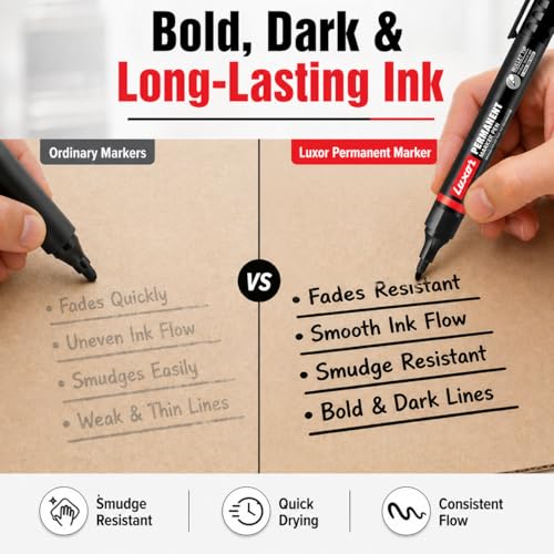Luxor Refillable Permanent Marker Pen, Black Ink, Pack of 10 | Bold & Smudge-Resistant Writing | Works on Plastic Glass Metal & Cardboard | Long-Lasting Eco-Friendly Markers for Office School & Home - Image 4