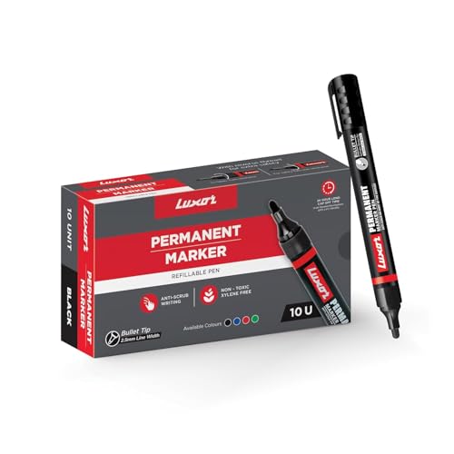Luxor Refillable Permanent Marker Pen, Black Ink, Pack of 10 | Bold & Smudge-Resistant Writing | Works on Plastic Glass Metal & Cardboard | Long-Lasting Eco-Friendly Markers for Office School & Home - Image 1
