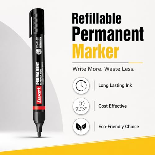 Luxor Refillable Permanent Marker Pen, Black Ink, Pack of 10 | Bold & Smudge-Resistant Writing | Works on Plastic Glass Metal & Cardboard | Long-Lasting Eco-Friendly Markers for Office School & Home - Image 2