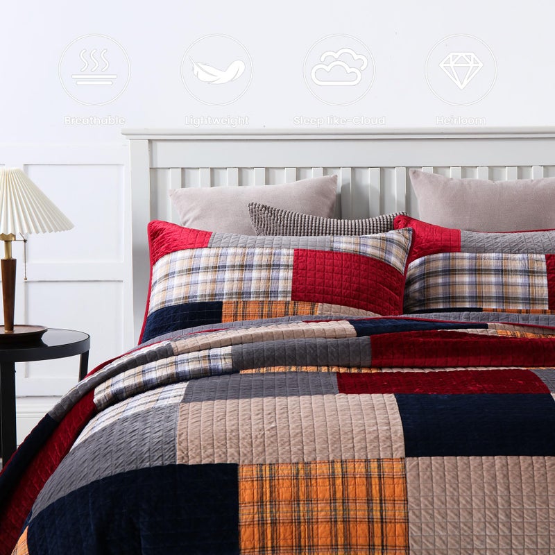 Secgo Velvet Queen Comforter Set for Bed - 100% Cotton Quilts Queen Size, Red, Black Bedspreads (90 * 98 Inch) with 2 Pillow Shams, Patchwork Reversible Lightweight Bedding - Image 3