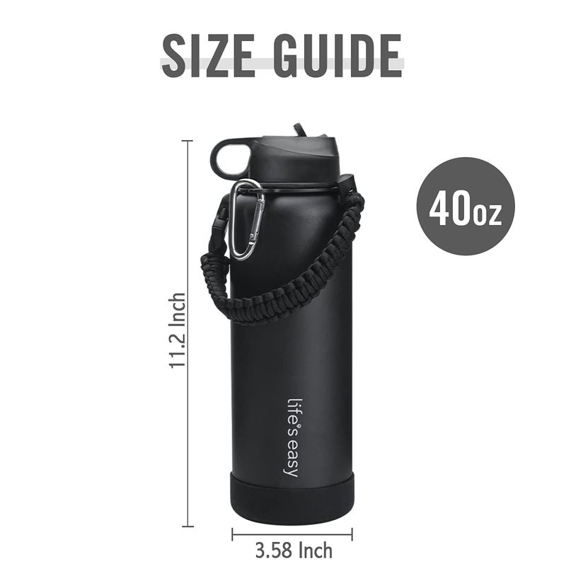 Life's Easy Life's Easy Stainless Steel Insulated Water Bottle - Sports Water Bottle w/Straw Lid and Paracord Carabiner Handle Carrier- Vacuum Flask for Hot & Cold Drinks - Great for Travel & More (Black  40 oz)  - Image 2