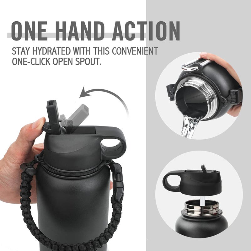 Life's Easy Life's Easy Stainless Steel Insulated Water Bottle - Sports Water Bottle w/Straw Lid and Paracord Carabiner Handle Carrier- Vacuum Flask for Hot & Cold Drinks - Great for Travel & More (Black  40 oz)  - Image 4