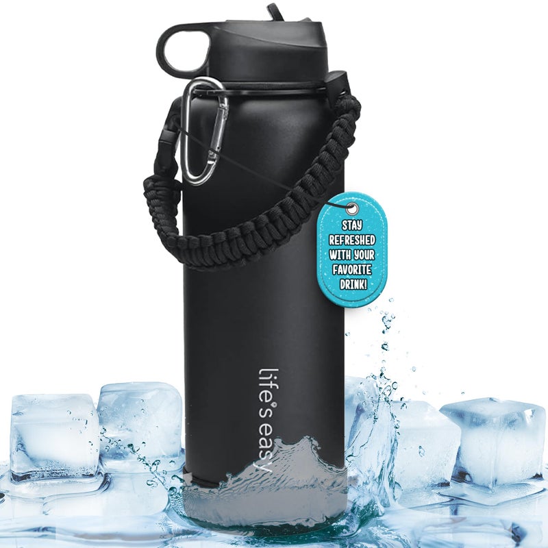 Life's Easy Life's Easy Stainless Steel Insulated Water Bottle - Sports Water Bottle w/Straw Lid and Paracord Carabiner Handle Carrier- Vacuum Flask for Hot & Cold Drinks - Great for Travel & More (Black  40 oz)  - Image 1