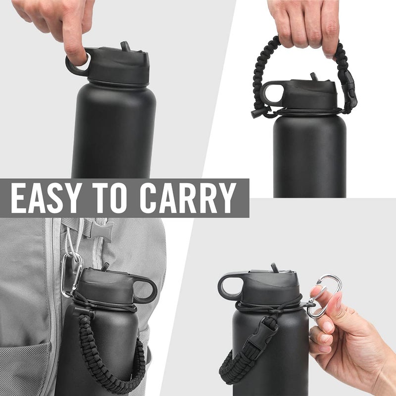 Life's Easy Life's Easy Stainless Steel Insulated Water Bottle - Sports Water Bottle w/Straw Lid and Paracord Carabiner Handle Carrier- Vacuum Flask for Hot & Cold Drinks - Great for Travel & More (Black  40 oz)  - Image 5