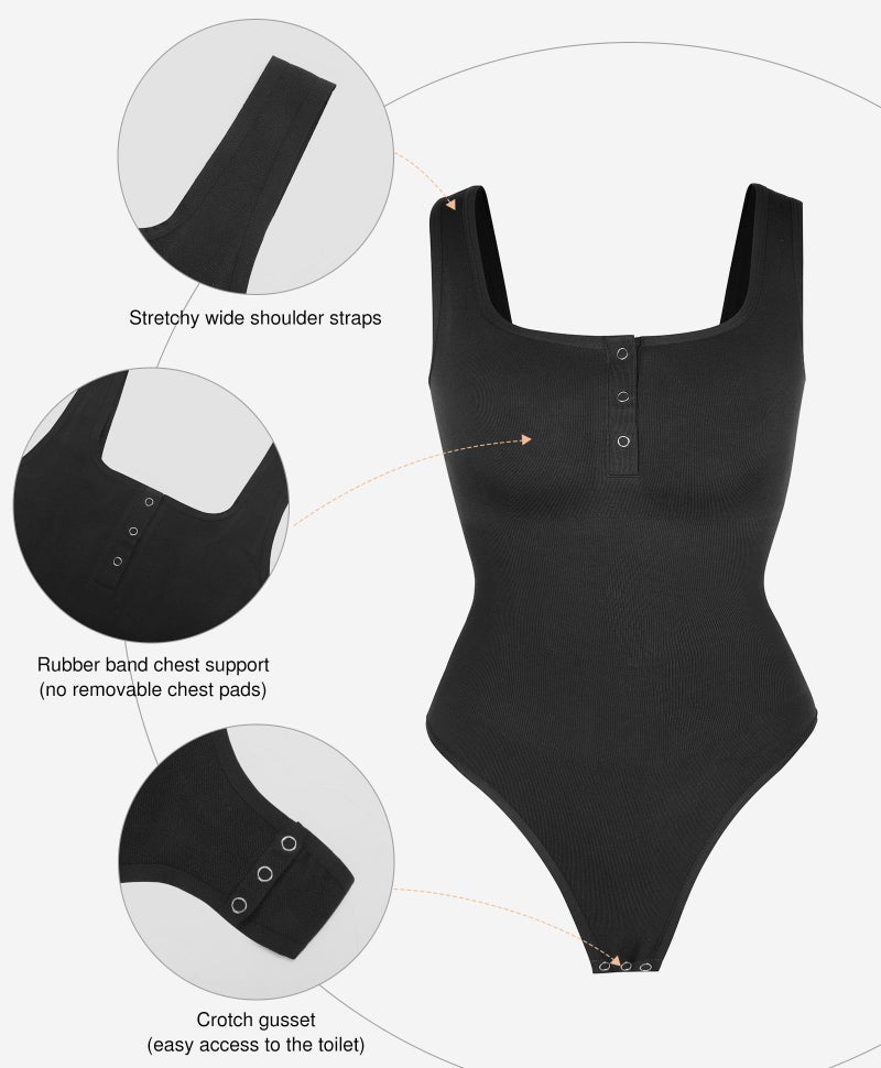 Popilush Body Suits for Womens Shapewear Tummy Control Henley Going Out Shirts Button Down Black Body Suit Thong Tank Tops - Image 3