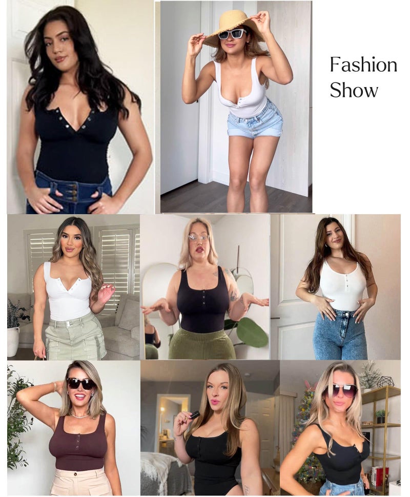 Popilush Body Suits for Womens Shapewear Tummy Control Henley Going Out Shirts Button Down Black Body Suit Thong Tank Tops - Image 2
