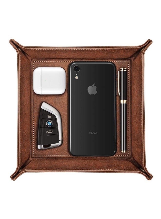 SITHON Valet Tray Desktop Storage Organizer - Premium PU Leather Catchall Tray Bedside Vanity Tray Nightstand Caddy Holder for Remote Controller, Keys, Phone, Wallet, Coin, Jewelry, Brown - Image 1