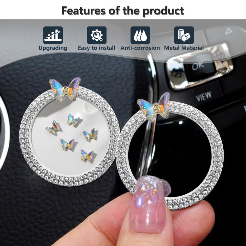 3leavtrees Bling Ring Emblem Car Accessories - Rhinestone Crystal Ring for Car Buttons & Knobs, Push to Start Button Cover, Key Ignition Starter & Knob Ring for Women (White Butterfly) - Image 2