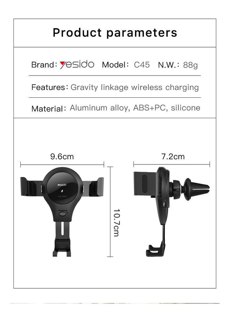 Yesido YESIDO C45 Wireless Charger Holder for the car (Black)  - Image 3