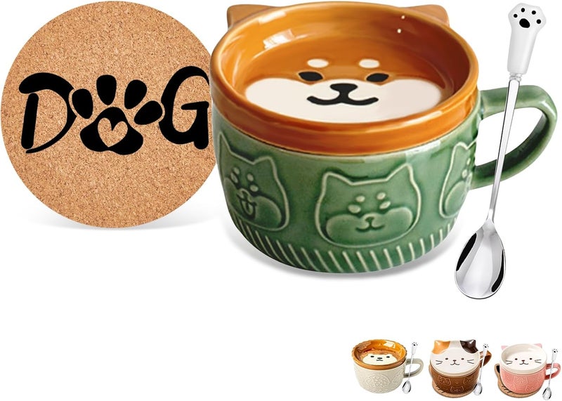 BigNoseDeer Cute Kawaii Dog MugDog Coffee Mugs with LidsNovelty Animal Coffee Ceramic Tea Cup Dessert Saucer SetChristmas Birthday Presents for Girls Friend KidsDog lovers gifts for women - Image 1