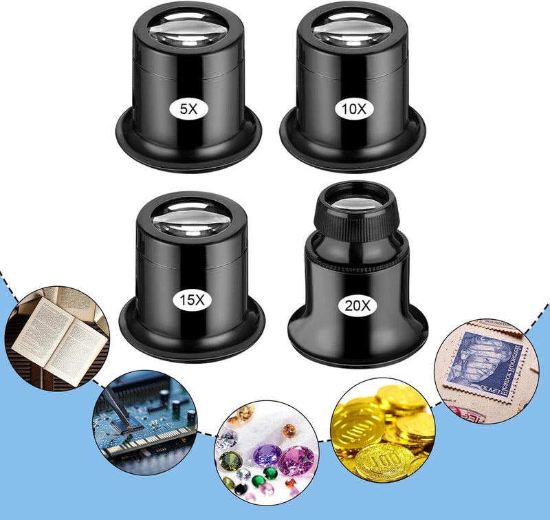 4 Pieces Portable Single and Dual Lens Kit - 5X, 10X, 15X, 20X Magnification for Watch Jewelry Repair Gemstone - Image 3