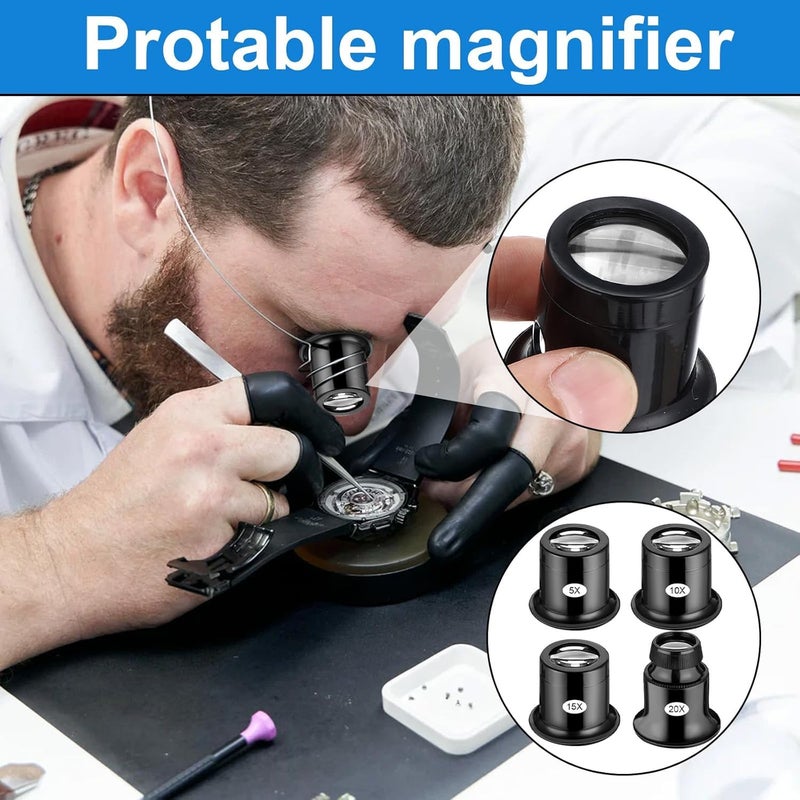 4 Pieces Portable Single and Dual Lens Kit - 5X, 10X, 15X, 20X Magnification for Watch Jewelry Repair Gemstone - Image 2