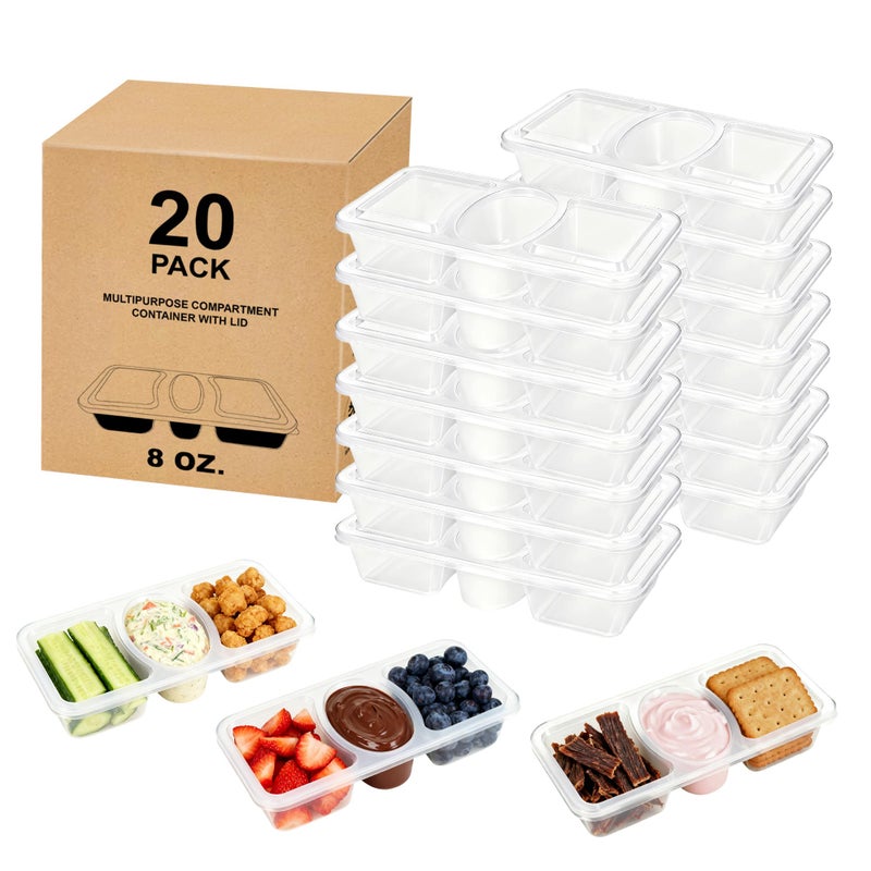 HI-REEKE HIREEKE 8 OZ New 3 Compartment Snack Containers 20 Sets Bigger Reusable Clear Snack Packs Container with Lids - Image 2
