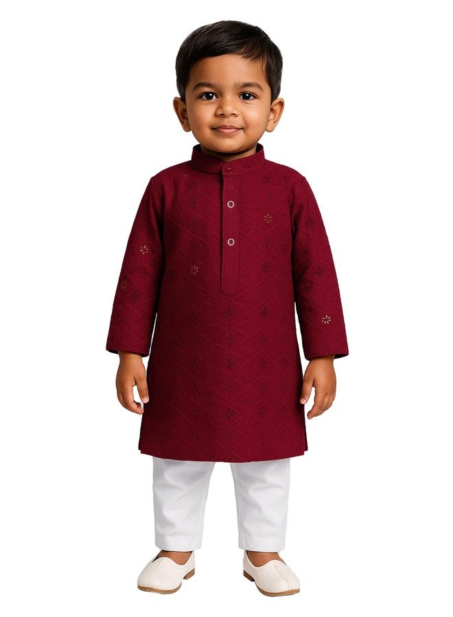 JBN Creation Boy's Maroon And White Boy's Kurta And Pyjama Set - Image 1
