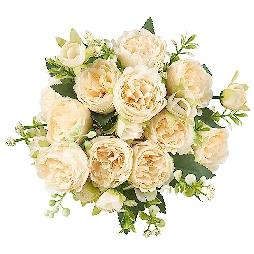 Mkono Peonies Artificial Flowers, Small Silk Flowers for Home Decor Indoor Fake Bouquet Faux Floral Arrangements Dining Table Centerpieces for Kitchen Bridal Wedding Party Decor Champagne - Image 1