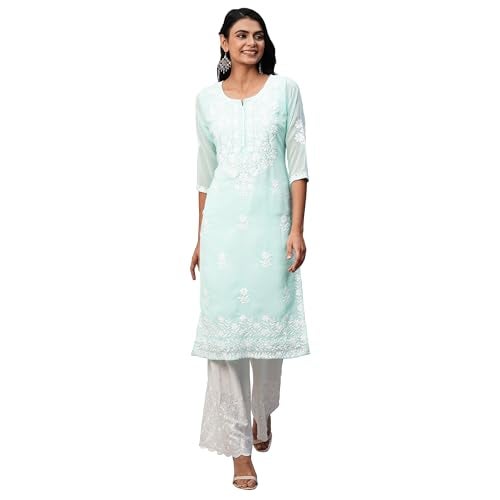 RATAN Women's Georgette Straight Fit Lucknowi Chikankari Ethinic Wear Kurta (MHM-Mint-M_Mint Green) - Image 1