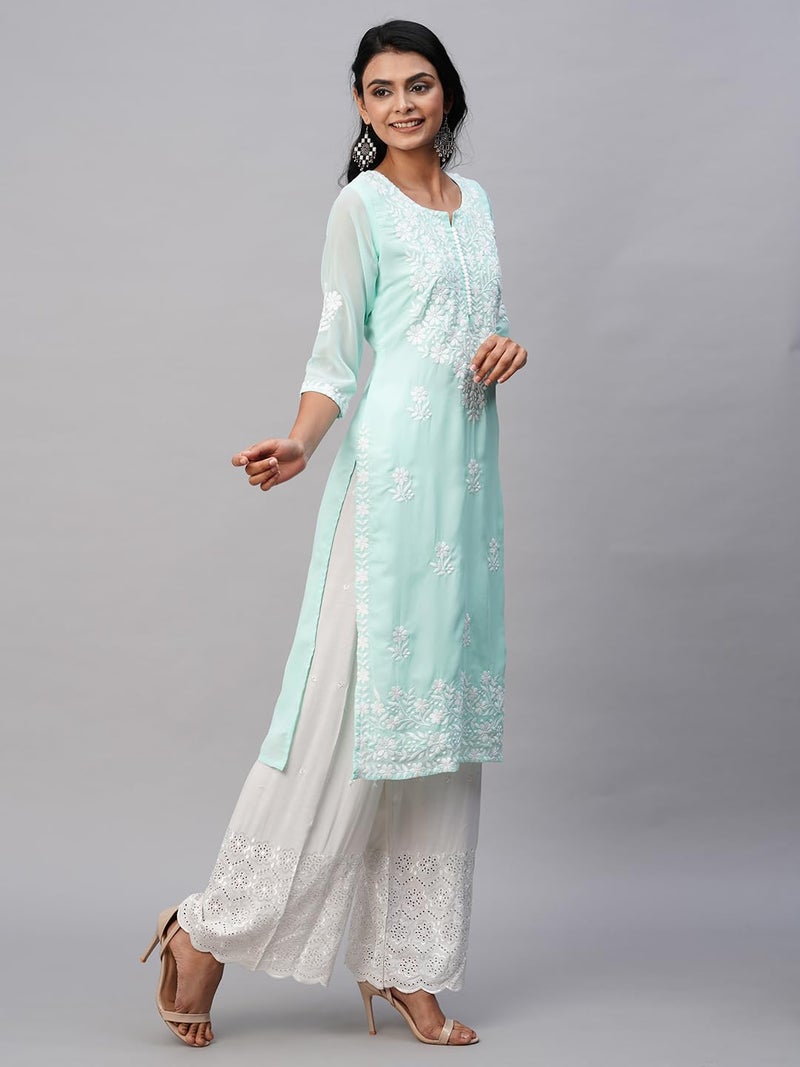 RATAN Women's Georgette Straight Fit Lucknowi Chikankari Ethinic Wear Kurta (MHM-Mint-M_Mint Green) - Image 5