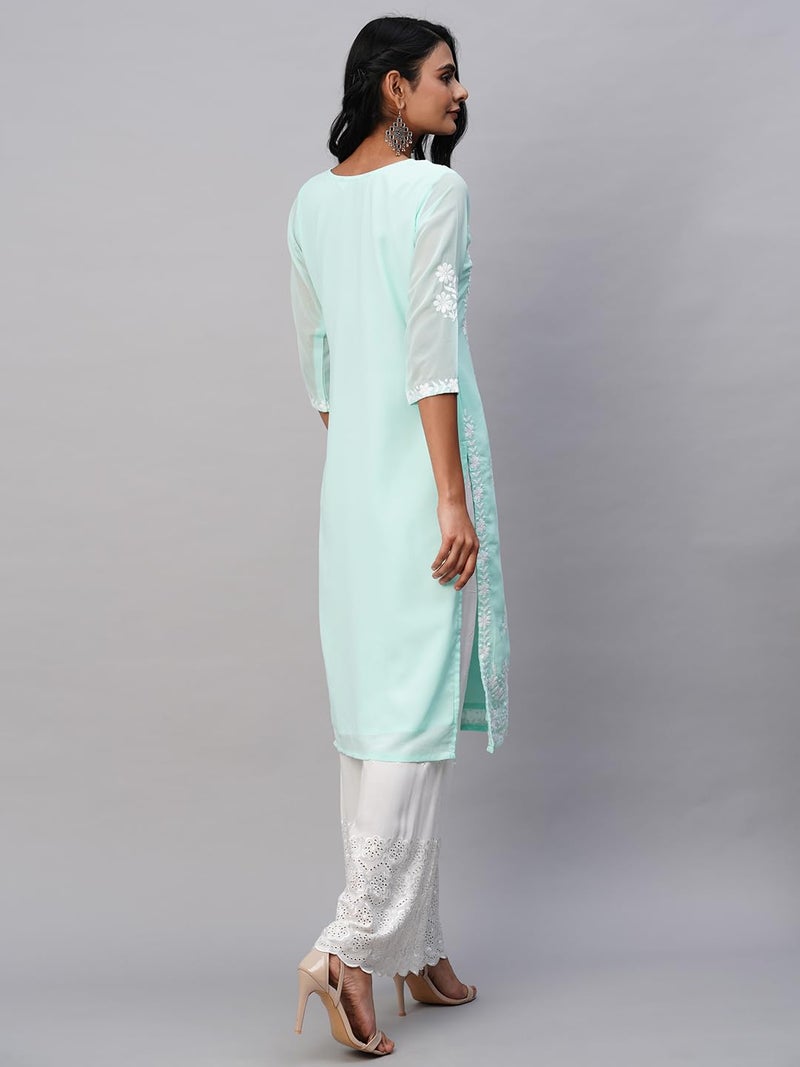 RATAN Women's Georgette Straight Fit Lucknowi Chikankari Ethinic Wear Kurta (MHM-Mint-M_Mint Green) - Image 4