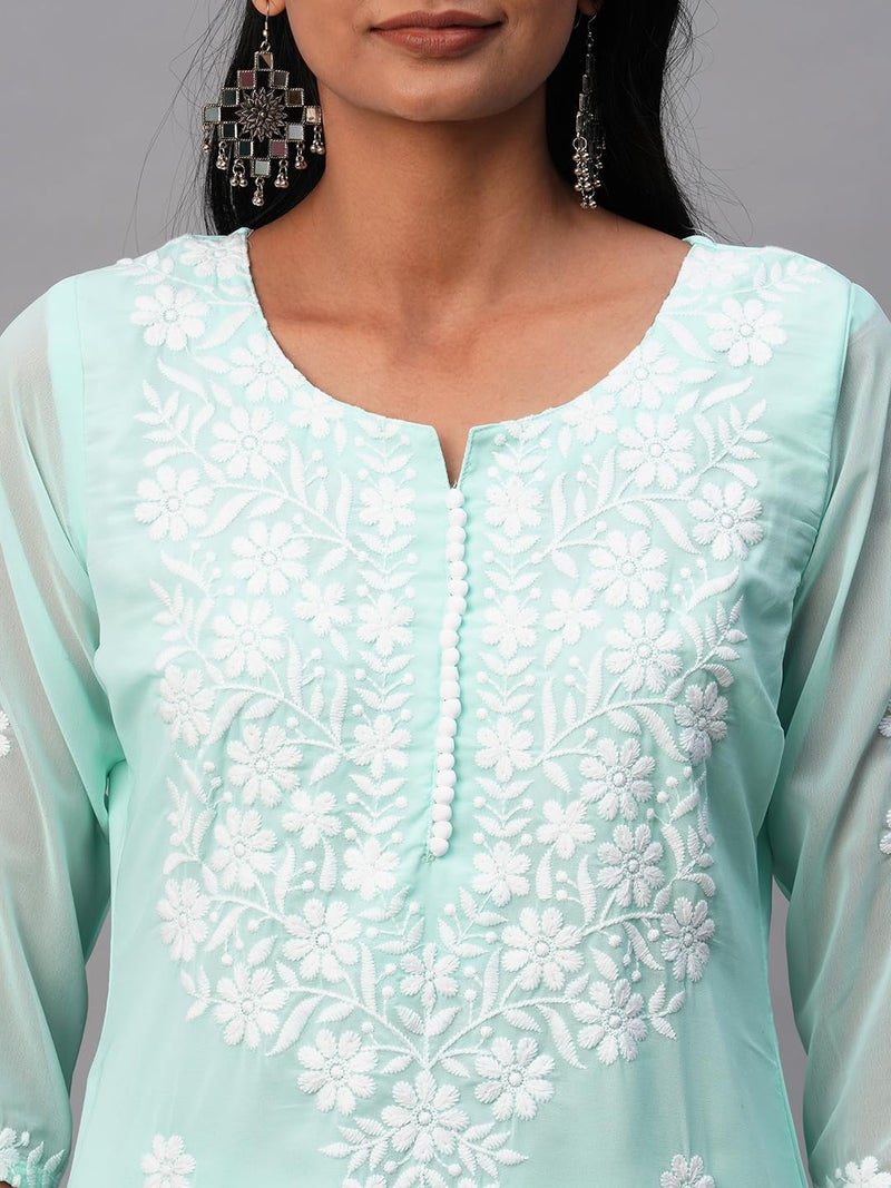 RATAN Women's Georgette Straight Fit Lucknowi Chikankari Ethinic Wear Kurta (MHM-Mint-M_Mint Green) - Image 3