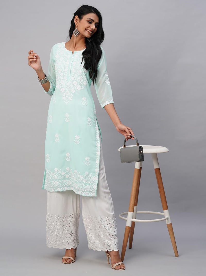 RATAN Women's Georgette Straight Fit Lucknowi Chikankari Ethinic Wear Kurta (MHM-Mint-M_Mint Green) - Image 2