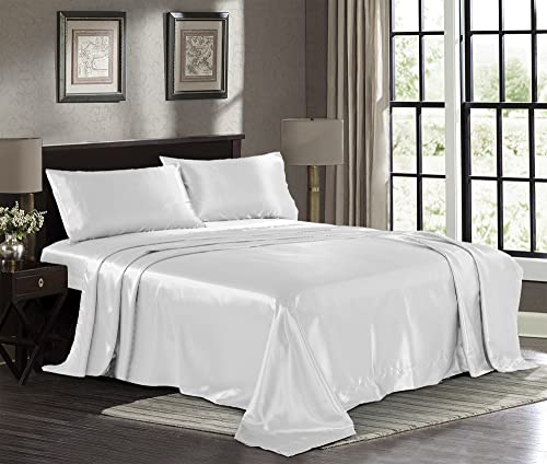 Pure Bedding Satin Sheets King 4Piece White Hotel Luxury Silky Bed Sheets Extra Soft 1800 Microfiber Sheet Set Wrinkle Fade Stain Resistant Deep Pocket Fitted Sheet Flat Sheet Pillow Cases - Image 1