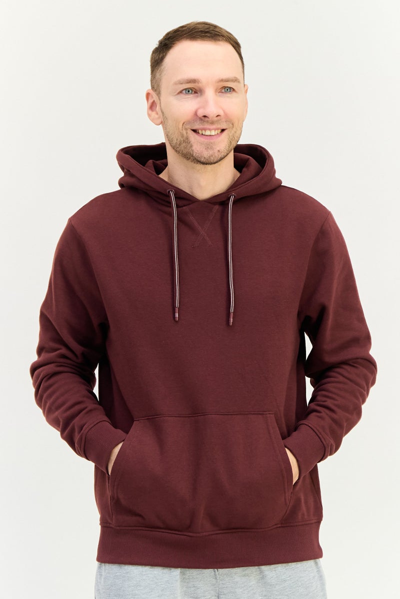 Threadbare Men Solid Long Sleeve Hoodie, Dark Maroon - Image 1