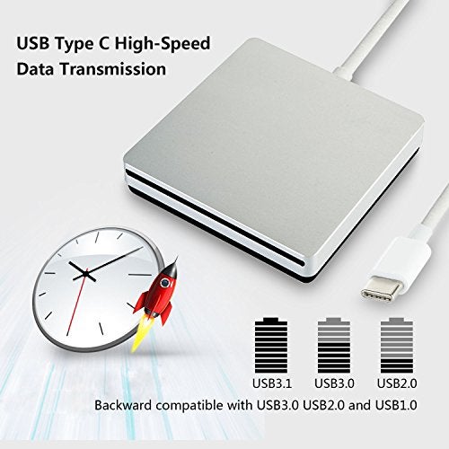 Juanery External DVD Drive，USB 3.0 Portable CD/DVD +/-RW Drive/DVD Player for PC Computer USB-C/Type-c Slim DVD/CD ROM Rewriter Burner Compatible with The Latest MacBook pro/MacBook/dell Laptop etc - Image 2