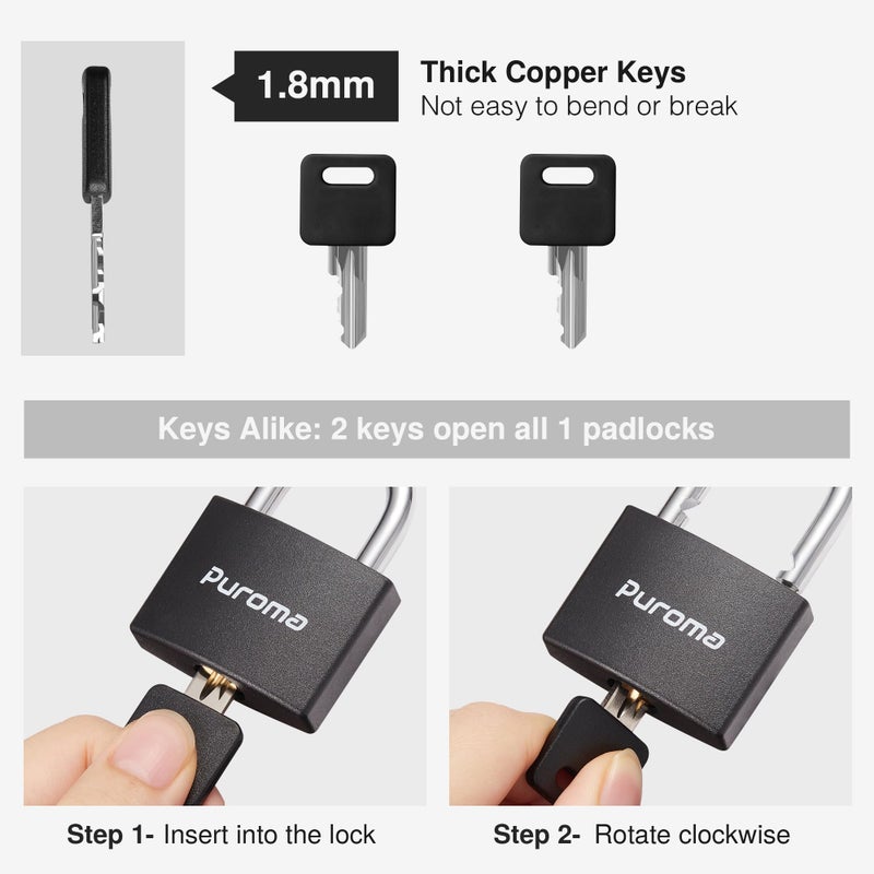 Puroma Lock Keyed Padlock, 1 Pack Aluminum Locks with 2 Keys Alike, 7/8 Inch Locker Lock 43mm Small Padlocks for Gate, Fence, Shed, Toolbox, School Gym Locker (Black) - Image 2