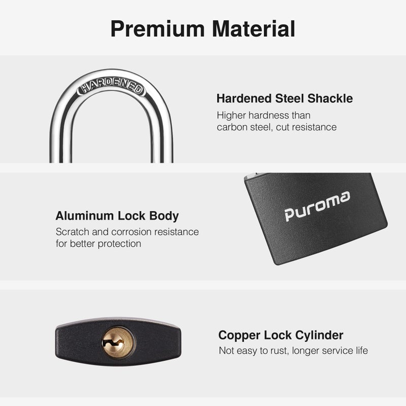 Puroma Lock Keyed Padlock, 1 Pack Aluminum Locks with 2 Keys Alike, 7/8 Inch Locker Lock 43mm Small Padlocks for Gate, Fence, Shed, Toolbox, School Gym Locker (Black) - Image 5