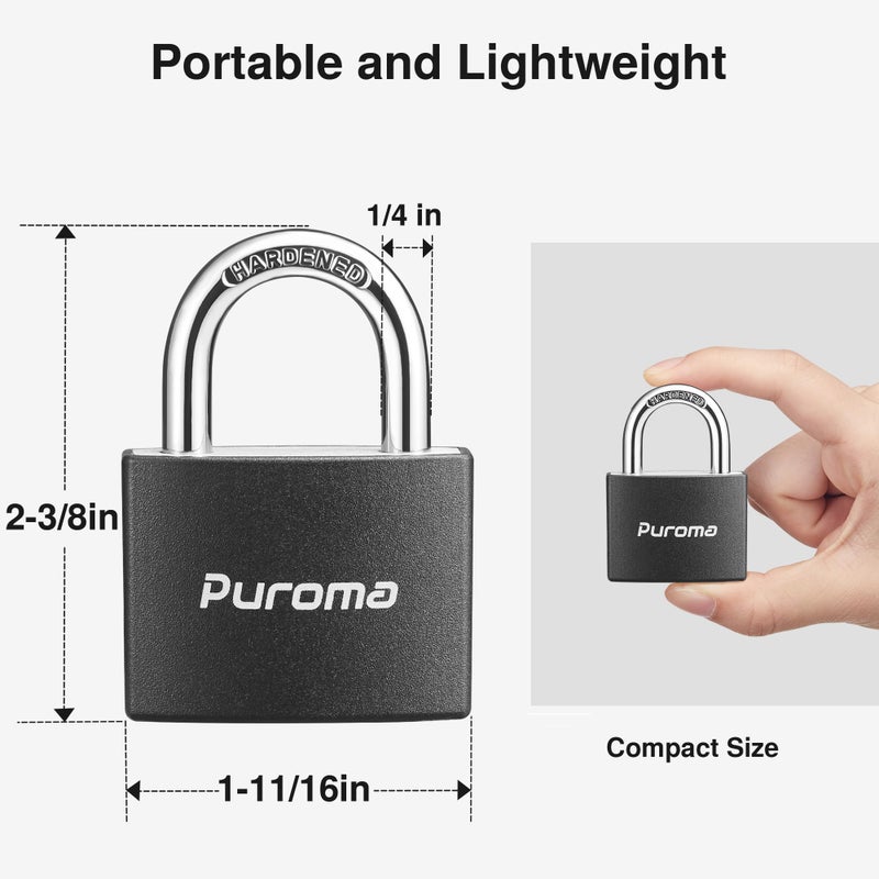 Puroma Lock Keyed Padlock, 1 Pack Aluminum Locks with 2 Keys Alike, 7/8 Inch Locker Lock 43mm Small Padlocks for Gate, Fence, Shed, Toolbox, School Gym Locker (Black) - Image 4