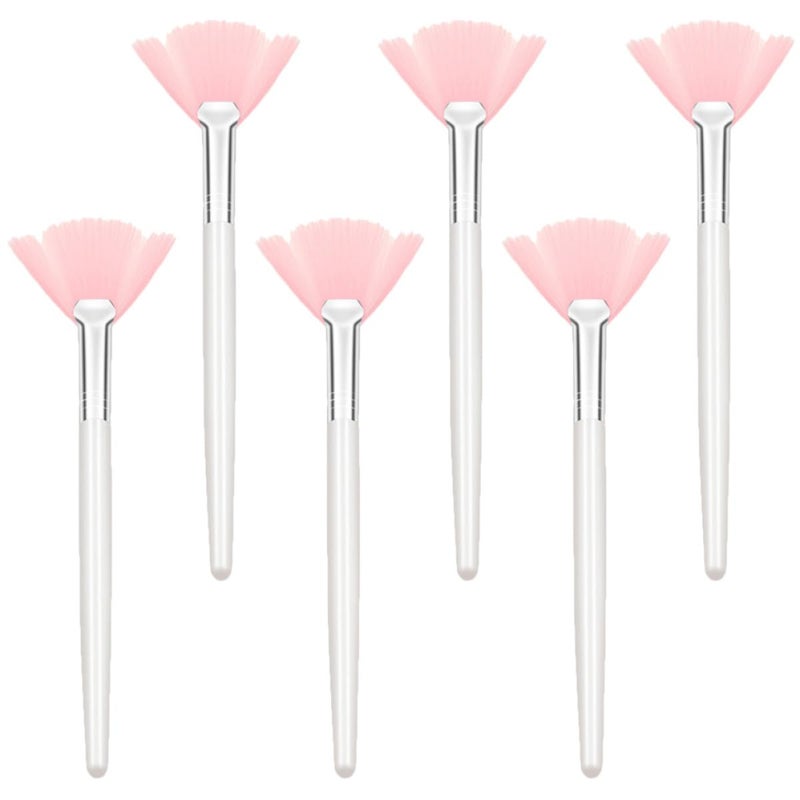 6pcs Pink Long Handle Fan-shaped Soft Facial Brush Set for Makeup and Face Mask Application, Highlighter Brush for Skin Care and Blush Powder Use - Image 1