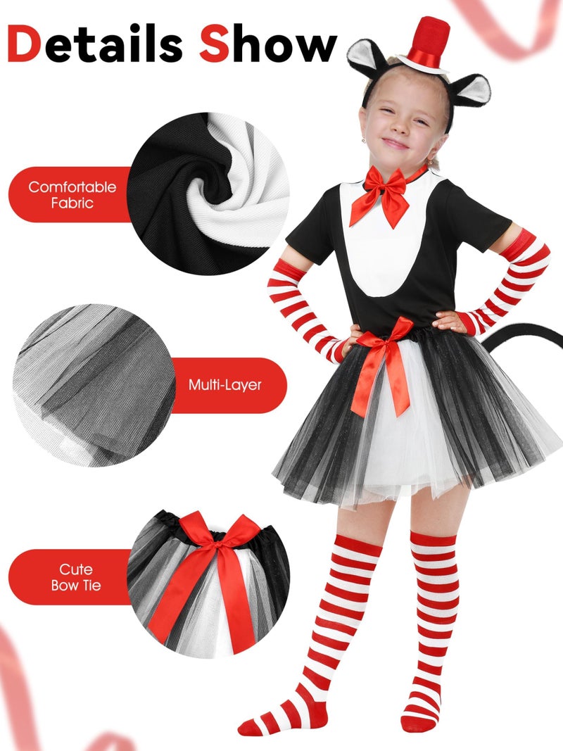 SOMSOC 7 Pieces Girls Cat Costume Set Black White T-shirt Tutu Skirts Headband Bowtie Socks Tail for Dress Up Cosplay Party - Image 3