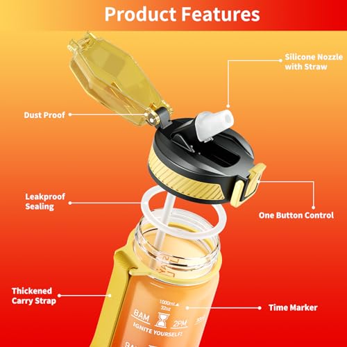 QLUR Water Bottle with Straw, 32oz Motivational Water Bottles with Time Marker to Drink, Tritan BPA Free, 1L Sports Water Bottle with Carry Strap LeakProof for Women Gym Fitness Outdoor (1 Pack) - Image 5